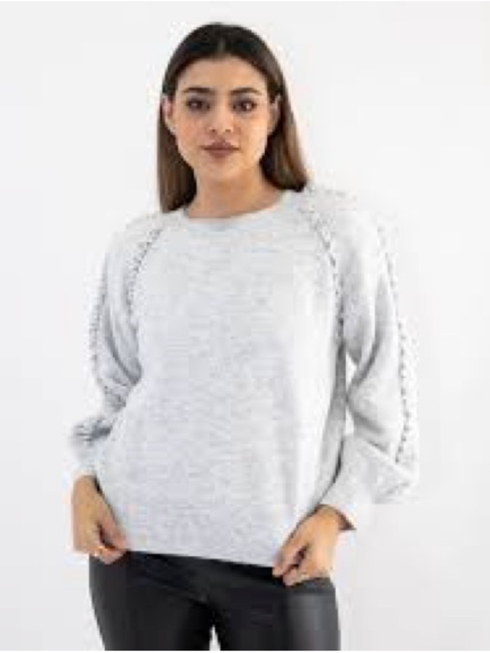Light Gray Women's Knit Sweater with Braided Raglan Sleeves - L